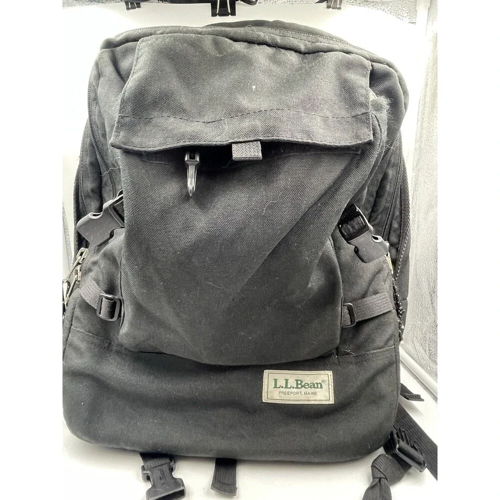Vintage 90s LL Bean Campus Computer Backpack Black Canvas Heavy Duty School Bag
